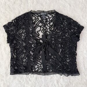 Y2K 90s Firenze Woman Black Lace Sheer Tie Front Bolero Cardigan SMALL Romantic